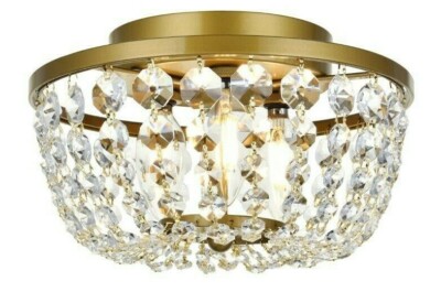 Crystal Flush Mount 3 Light Fixture Brass Clear Dining Room Bedroom Hallway 10''