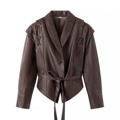 Woman Spring and Autumn New Vintage Single Breasted with Belt leatherette Coat