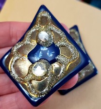Vintage Retro Brasstone Blue Rhinestone Large 2 1/2" Enameled Enamel Earrings 
