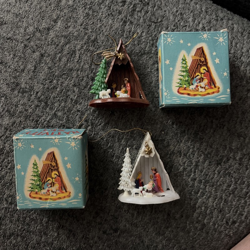 1970s Vintage Plastic Nativity Manger Scene Christmas Tree Ornament Lot of 2