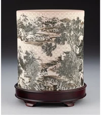 A Chinese Cut-Ceramic Grisaille Decorated Brushpot. Six-character Qianlong Mark