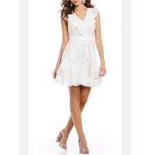 Gianni Bini White Pinstriped Ruffle Flounce Hem Dress Waist Belt Tie Sz 4 Small