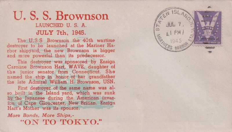 USS Brownson DD868 Launched postmark  Mariners Harbor S.I. NY 1945 Wielke Cachet