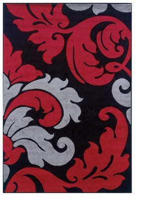 Linon Corfu Damask Frieze Yarn Pile  5'x7'7'' Area Rug in Black & Red