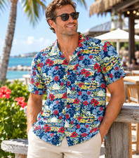Vintage Disney Parks Mickey Mouse Hawaiian Shirt Men XL Blue Floral Tiki Resort