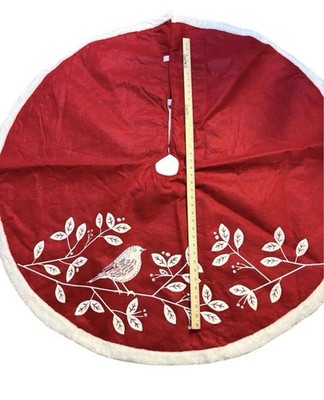 Vtg Christmas Tree Lined Skirt Red White Bird on a Branch Accents Faux Fur Trim