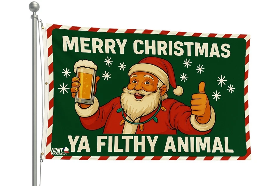 Feliz Navidad Ya Sucio Animal Bandera Divertido Papá Noel Banner Vacaciones Decoración de Pared Foto 2 de 4