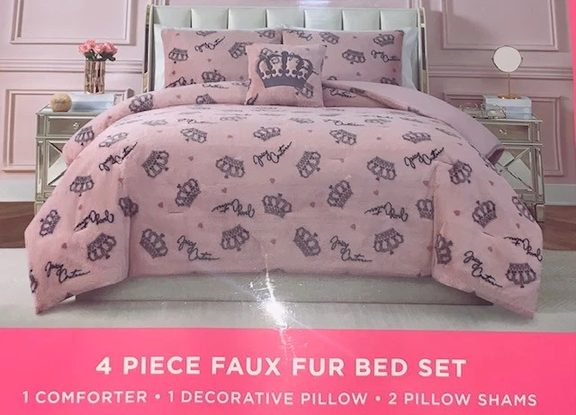 Juego de edredón Juicy Couture rosa felpa imitación piel coronas estampado 4 piezas KING suave y acogedor Foto 2 de 4