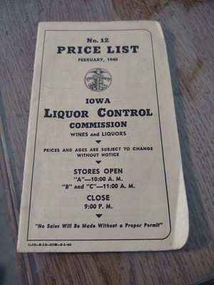 Collectable Iowa Liquor Control Commission Price List February 1940 (23 Pages)