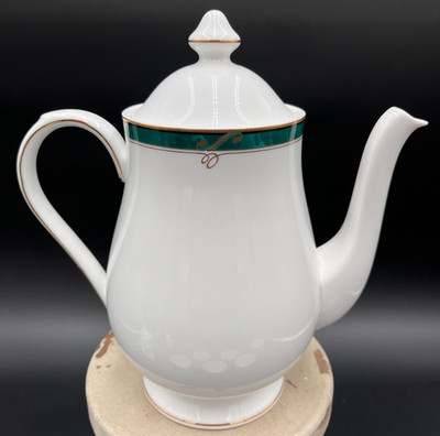 Vintage Nikko Fine Bone China Forest Glen Teapot Green Marble Band Gold Trim