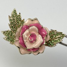 Cute Pink Enamel Green Rhinestone Rose Brooch Pin Gold Tone Cute Floral Boho