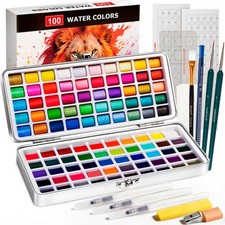 Paint Set 100 Colors Travel Water Colors kit with 7 Brushes 8 papers Palette ...