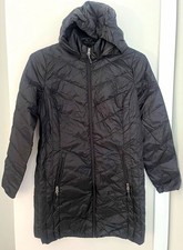 Women  s Black Mid-Length Puffer Jacket M Hooded Packable Zip Zipped Pockets