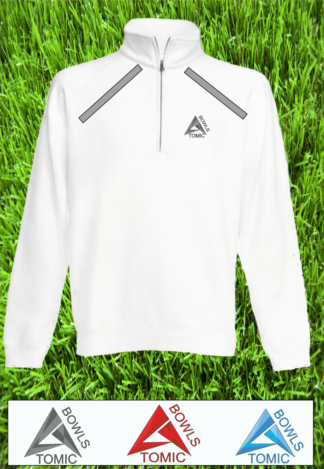 Atomic Bowls Mens Womens Unisex Lawn Bowls White Zip Neck Sweatshirt