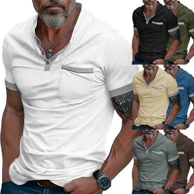 Herren Kurzarm T-Shirt Button V Neck Tee Streetwear Muscle Fit Regular Length