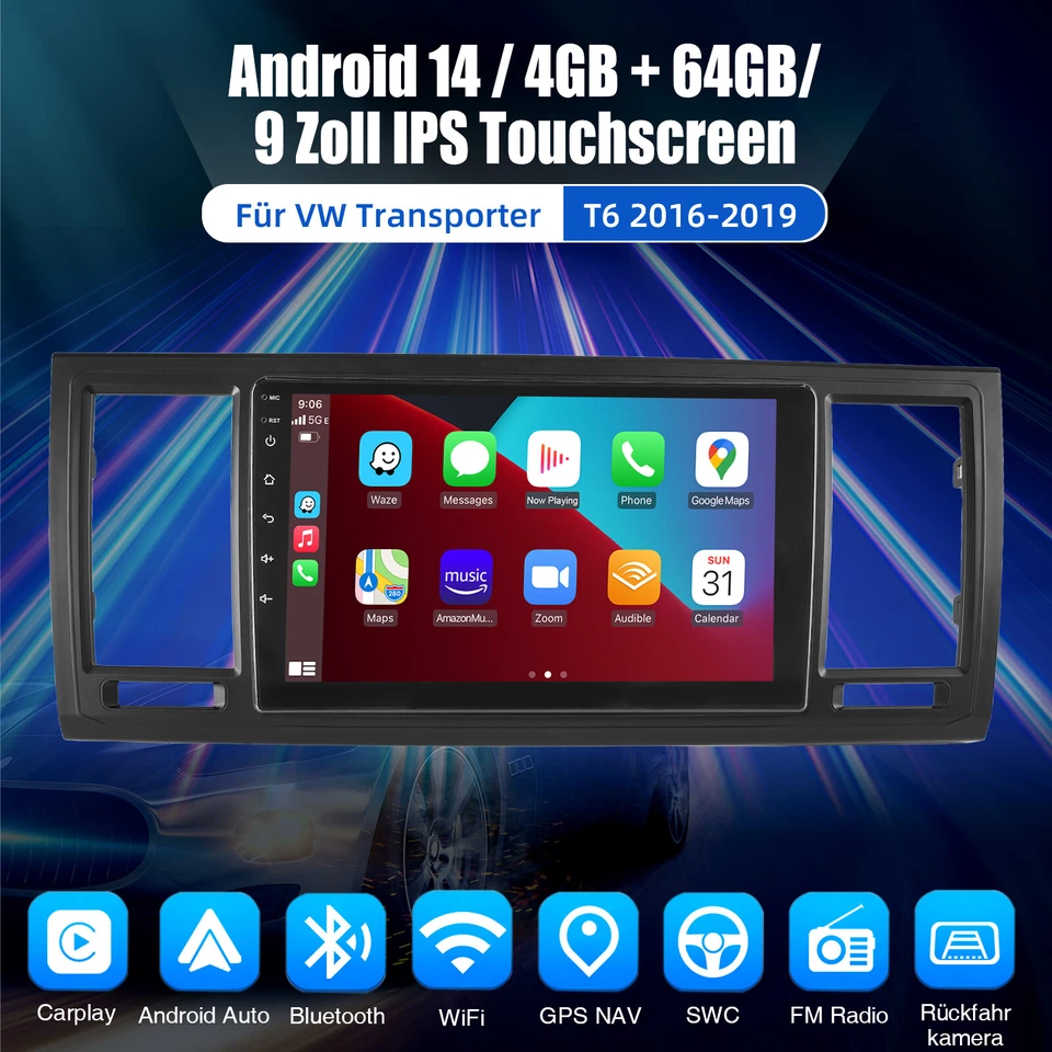 Apple Carplay Android 14 4+64G Autoradio GPS NAVI RDS Cam für VW T6 Transporter - Bild 2 von 4