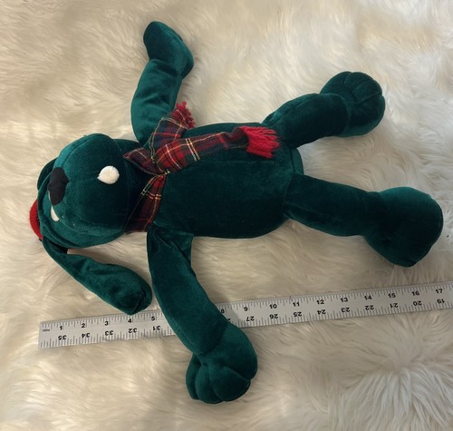 Commonwealth Emerald Green Velvet Dog Plush Stuffed Animal With Plaid Scarf 17” - Picture 9 of 11