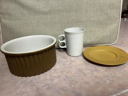 3pc Lot Vintage Assorted Bennington Potters Caserole, Mug And Saucer