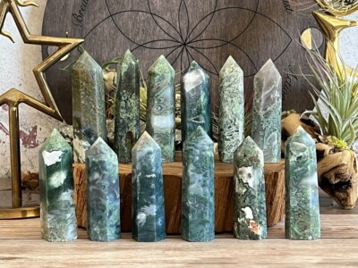 3'' Natural Moss Blossom Agate Point Obelisk Green Crystal Wand Tower Decoration
