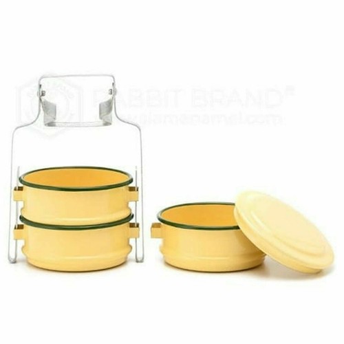 1x Enamel Tiffin Thai Lunch Bento Food Container Carrier Enamelware Pinto Yellow - Picture 2 of 11