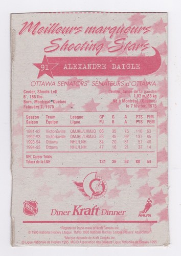 1995 Kraft Hockey - Alexandre Daigle - Kraft Dinner Shooting Stars - Picture 2 of 2