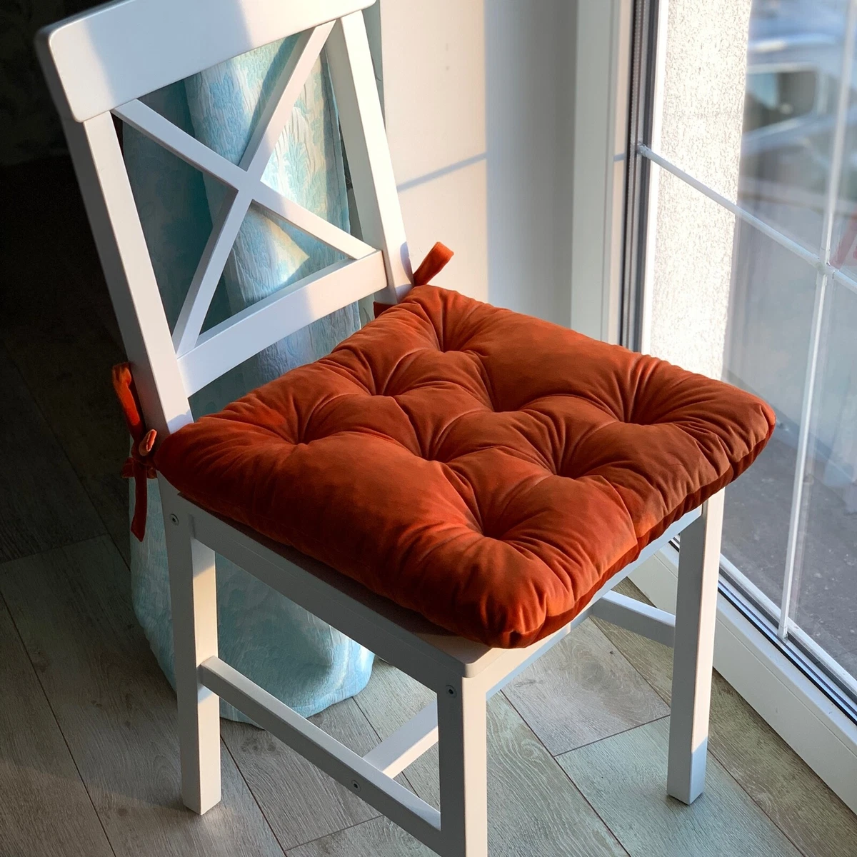 Velvet chair cushion with ties, rust chair pad, square velour seat cushion