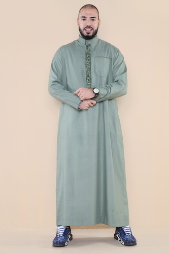 Uomo Thobe Jubba Emirati Islamico Arabo Eid Ricamo Kaftano Jubbah Vestaglia - Picture 36 of 49