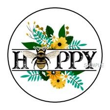 30 BEE BE HAPPY ENVELOPE SEALS LABELS STICKERS 1.5" ROUND BUMBLE BEE FLORAL