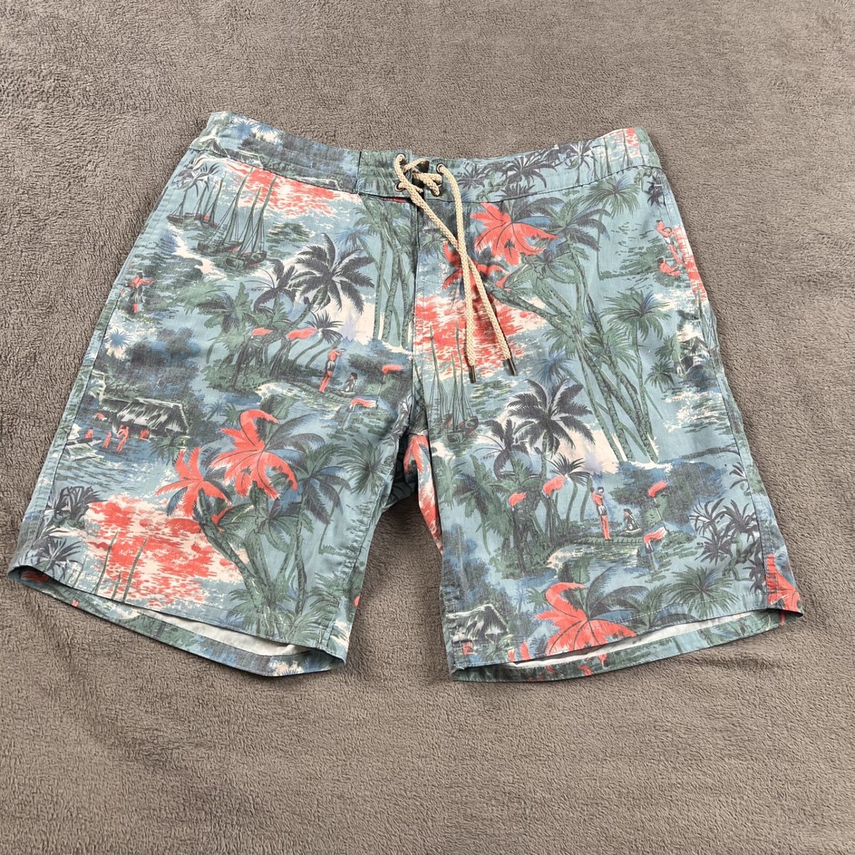 Faherty Retro Hawaiian Tropical Print Palm Tree Swim Trunks Mens Board  Shorts 35 - Main Image
