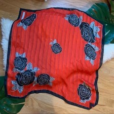 Sunkyung Vintage Red Rose Floral Striped Silky Wrap Scarf