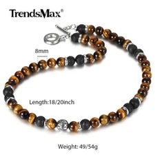 8mm Tiger Eye's Lava Beaded Necklace Stainless Steel Charm Lobster/Toggle Choker