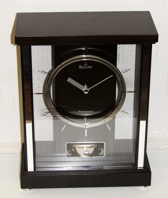 BULOVA MANTEL CLOCK THE MERCER,BLACK WALNUT FINISH WESTMINSTER CHIMES