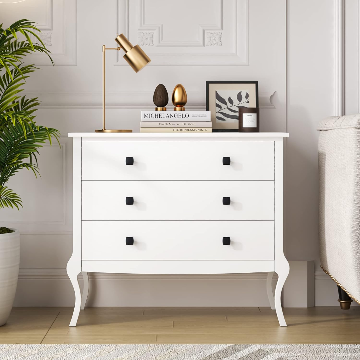 White 3-Drawer Wooden Dresser with Wide Storage & Curved Legs