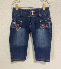 Kids Girls Dark Wash Blue Denim Floral Embroidered Capri Jeans Size 12
