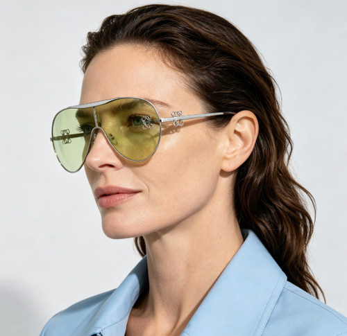 LOEWE Shield Anagram Sunglasses Silver Frame Light Green Lens 141-0-145