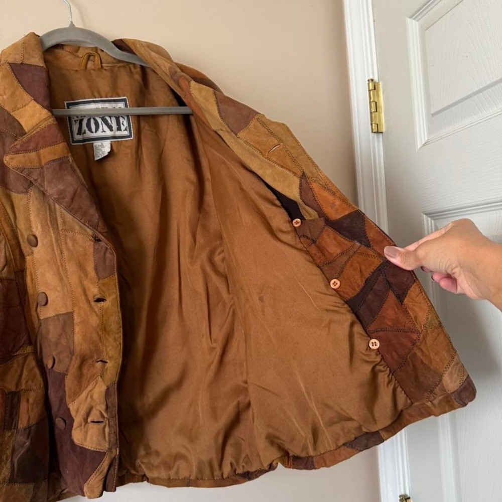 Distressed Patchwork Fitted Suede Jacket Small - image 5