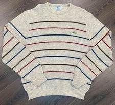 VTG Izod Lacoste Multicolor Thin Stripe Knit Wool Blend Crew Sweater - Mens L