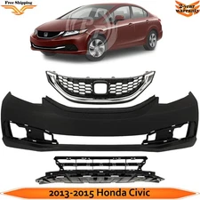 Front Bumper Cover Paintable & Bumper Grille Kit For 2013-2015 Honda Civic