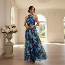 London Times Women’s Size 10 Floral Halter Maxi Dress Blue/Green Zip Closure NWT