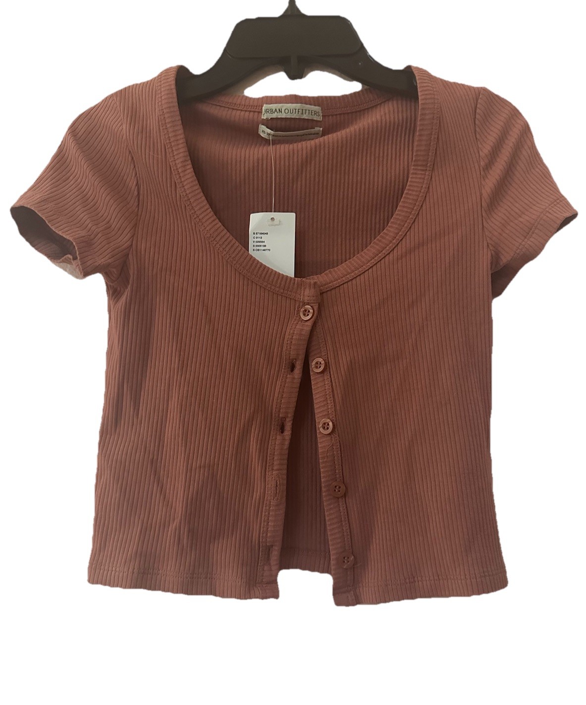 Urban Outfitters Womens XS SS Crop Top Button Up Cotton Knit Shirt Rust Ribbed