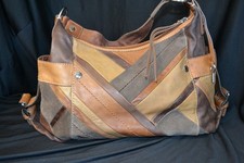 Vintage Fossil Patchwork Leather Hobo Shoulder Bag Multi Brown Tan Slouchy Boho