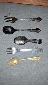 Vintage Baby Spoons And Fork Lot of 5- Silver Plated Brass And SNOOPY