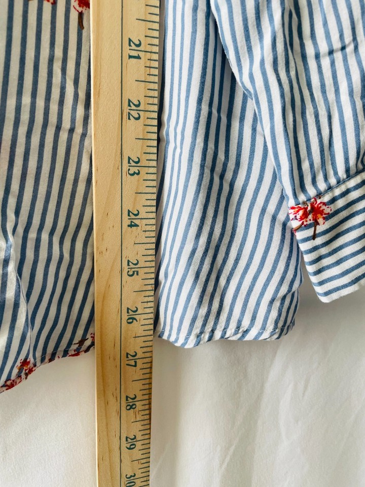 Chico's Womens Blue &amp; White Striped Floral Print Roll Tab Sleeve Top ...