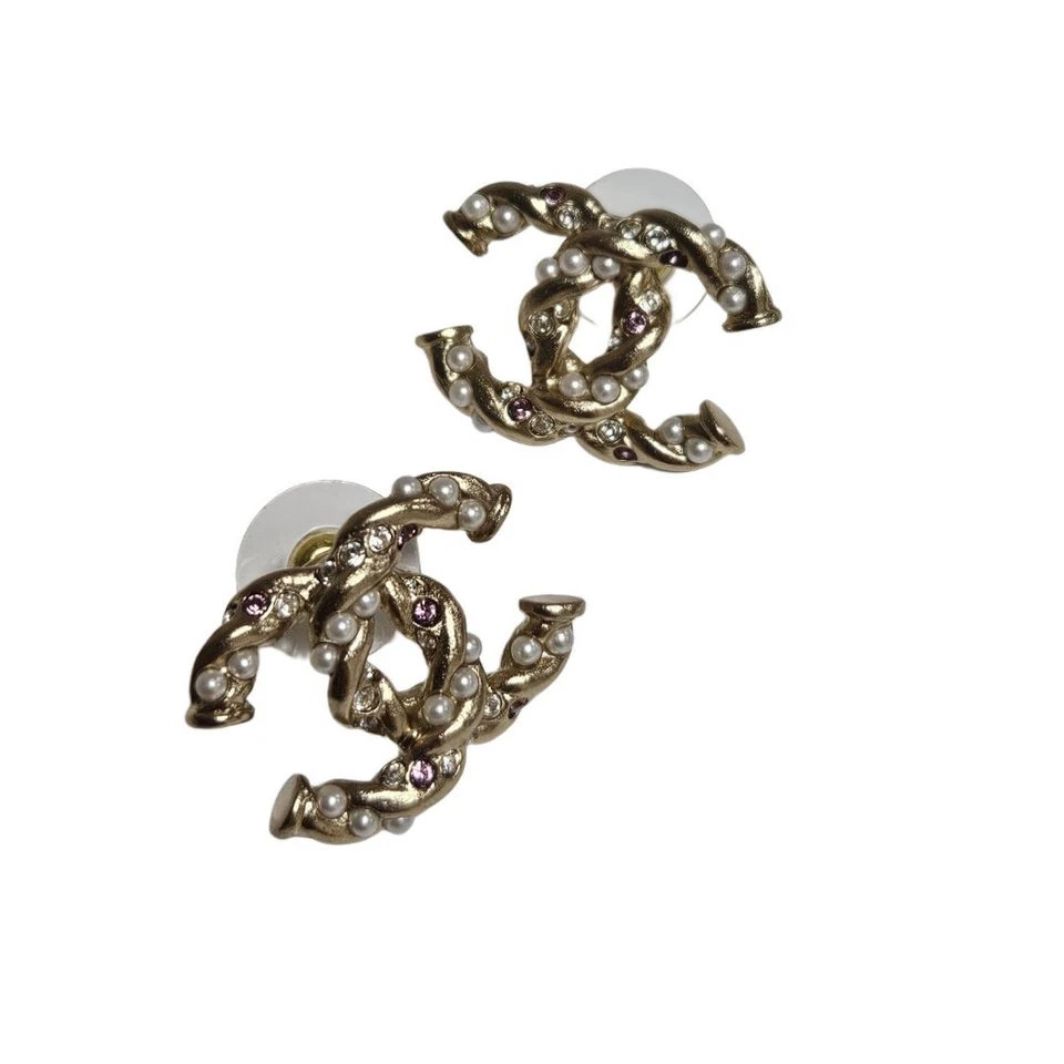ChaneL A23 Gold Twist Pink Crystal & Glass Pearl XL CC Stud Earrings - Image 4 of 4