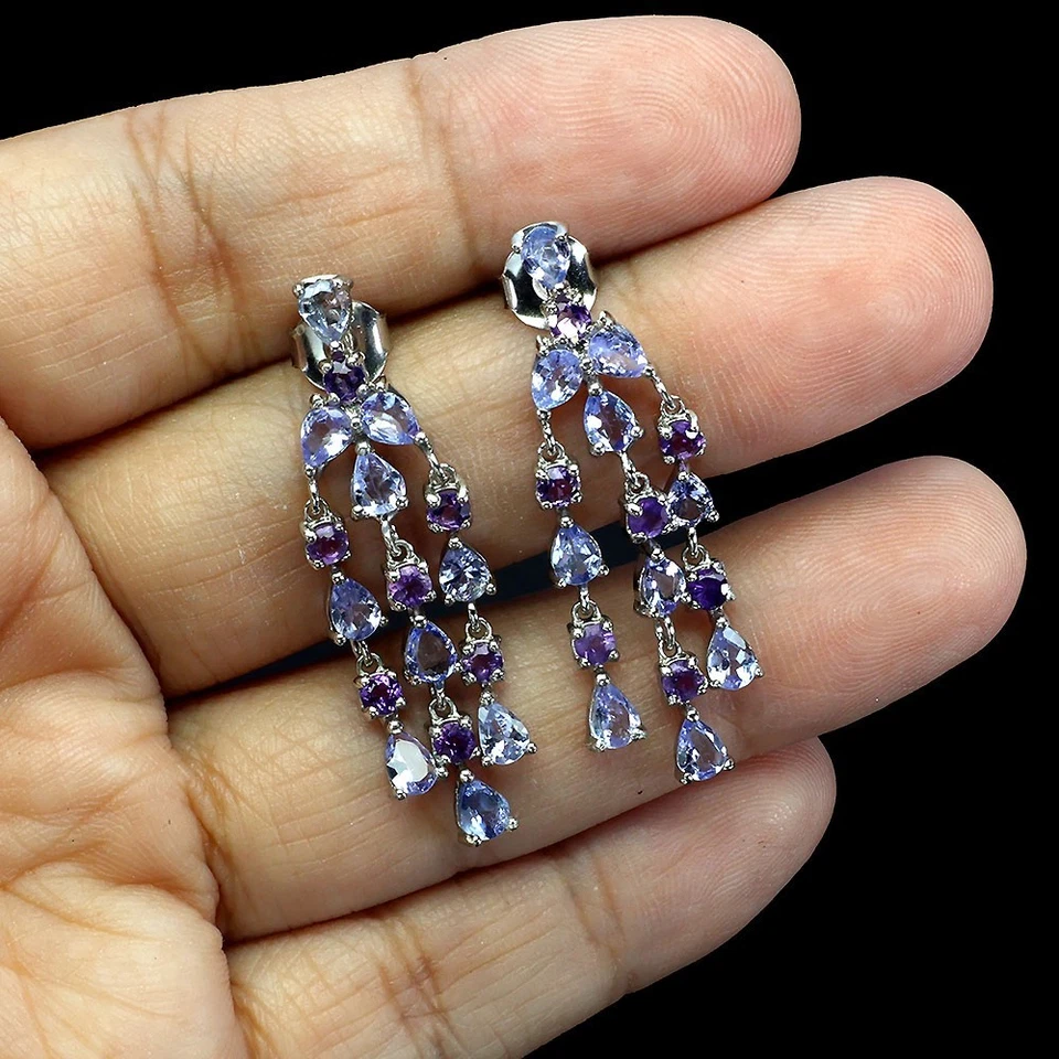 Orecchini in argento sterling 925 ovali tanzanite ametista pietre preziose... - Immagine 2 di 4