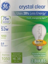 Old Style - GE Crystal Clear - 75w (uses 53w) 1050 Lumens A19 Light Bulbs 2-PACK