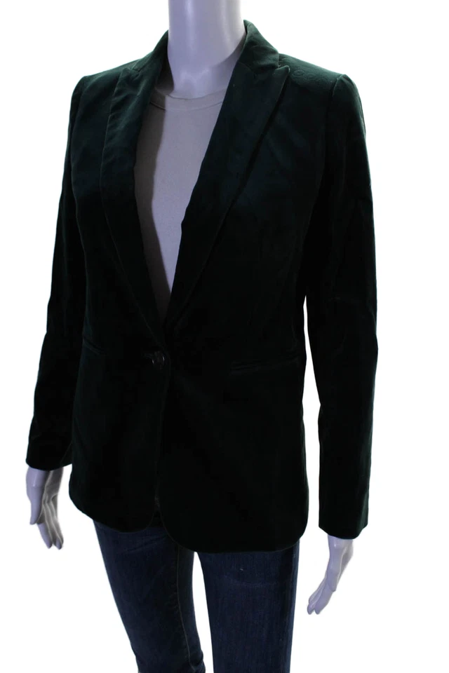 Blazer J Crew Mujer Algodón Terciopelo Cuello Texturizado Botón Verde Talla 00 Foto 3 de 4