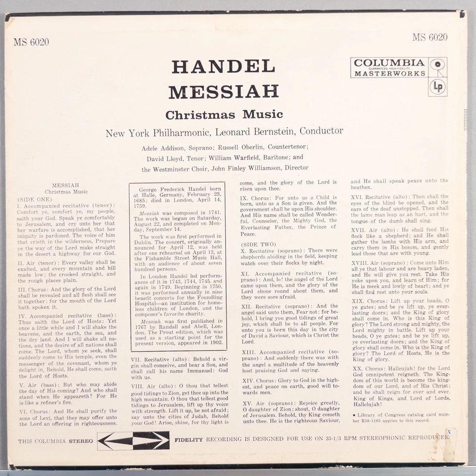 HANDEL: MESSIAH CHRISTMAS MUSIC New York Philharmonic BERNSTEIN 1960 LP VG+/VG+ Foto 3 de 4