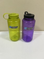 2 Nalgene Wide Mouth Water Bottles 32oz Purple-Lime Green
