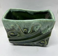 A HULL POTTERY PLANTER BLUE GREEN DRIP WATERY WAVES W PEGS LIKE MEDIEVAL SHIP
